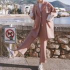 Set: Plain Button-up Jacket + Straight-fit Pants