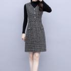 Mock-neck Knit Top / Plaid Mini A-line Overall Dress / Set