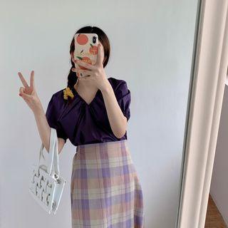 Plain Short-sleeve V-neck Blouse / Plaid Midi A-line Skirt
