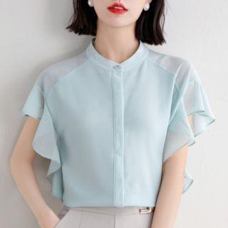Short-sleeve Plain Ruffled Chiffon Blouse