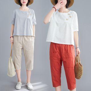 Set: Short-sleeve Sun Embroidered Blouse + Harem Pants