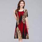 Short-sleeve Irregular Print Midi A-line Dress / Undershorts