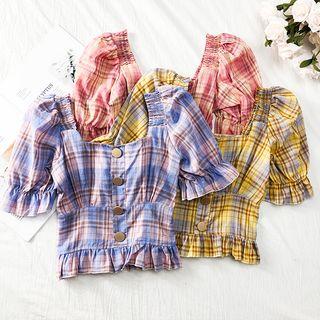 Square-neck Plaid Crop Blouse