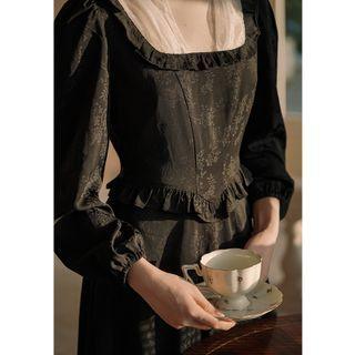 Long-sleeve Mesh Panel Floral Chiffon Midi A-line Dress