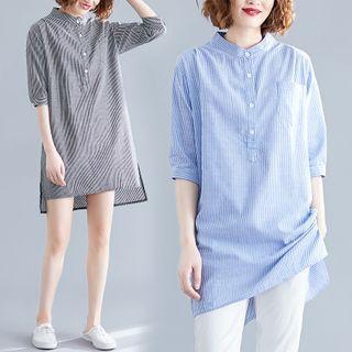 Elbow-sleeve Striped Henley Tunic Blouse