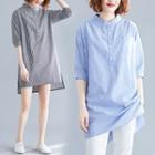 Elbow-sleeve Striped Henley Tunic Blouse