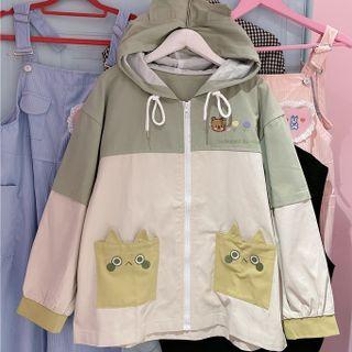 Cartoon Print Hooded Zip Jacket Green - One Size