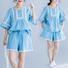 Set: Embroidered Short-sleeve T-shirt + Shorts T-shirt - Blue - One Size / Shorts - Blue - One Size