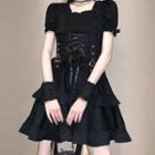 Short-sleeve Lace Up Ruffle Mini A-line Dress