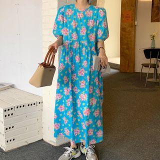 Puff-sleeve Floral Print Midi Shift Dress