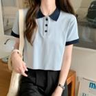 Short-sleeve Two-tone Polo Shirt Blue - One Size