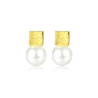 Sterling Silver Plated Gold Simple Fashion Geometric Square Imitation Pearl Stud Earrings Golden - One Size
