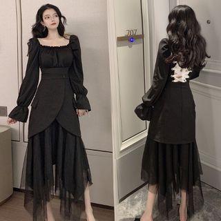 Long-sleeve Crinkled Square-neck Top / Midi A-line Mesh Skirt