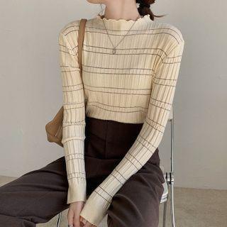 Long-sleeve Striped Frill Trim Knit Top