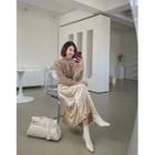 Set: Furry Knit Top + Long Velvet Skirt Beige - One Size