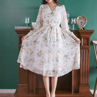 V-neck Printed Long-sleeve A-line Dress