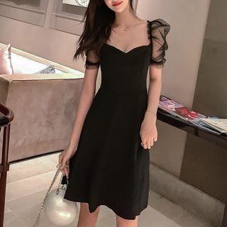Mesh Panel Puff-sleeve A-line Dress