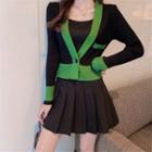 Spaghetti Strap Top / Color-panel Cardigan / Mini Pleated Skirt