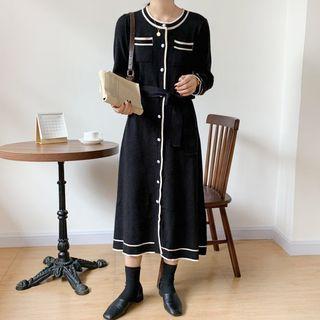 Contrast-trim Long Knit Dress With Sash
