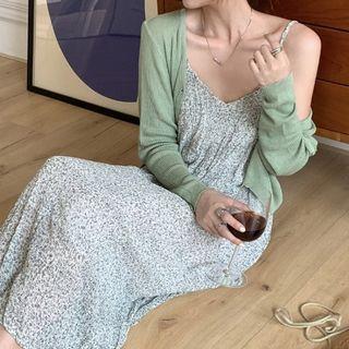 Set : Floral Spaghetti-strap Dress + Long-sleeve Cardigan