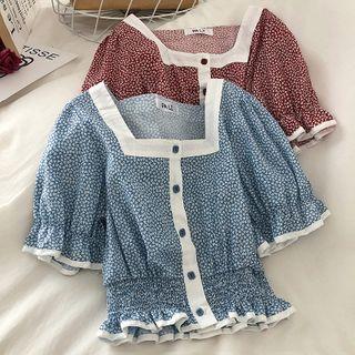Square Neck Floral Lantern-sleeve Blouse