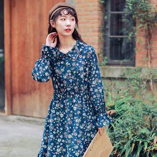 Corduroy Floral Print Bell-sleeve A-line Midi Dress
