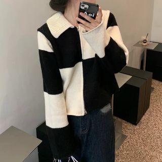 Lapel Chessboard Pattern Long-sleeve Knit Top