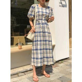 Square-neck Puff-sleeve Long Plaid Dress