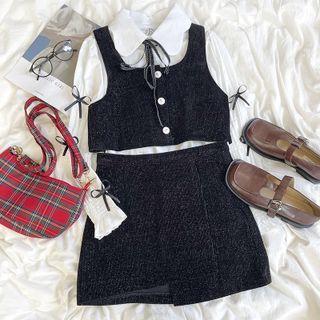 Ribbon Accent Blouse / Button-up Cropped Vest / Mini A-line Skirt / Set