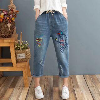 Embroidered Distressed Capri Jeans