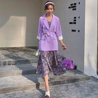Set: Elbow-sleeve Double-breasted Blazer + Spaghetti Strap Floral Print Midi Dress