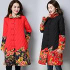 Floral Print Frog-buttoned Long Quilted Jacket