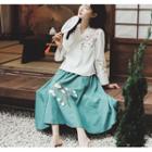Flower Embroidered Long-sleeve Wrap Top / Midi A-line Skirt