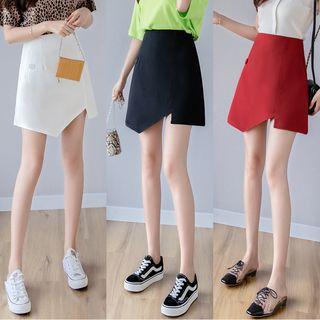 High-waist Plain Asymmetric Hem Skirt