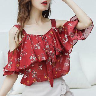 Floral Cold Shoulder Short-sleeve Top