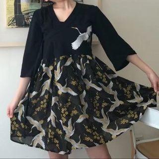 Crane Embroidered 3/4 Sleeve Patterned Panel A-line Dress