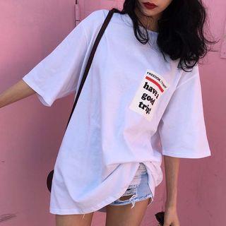 Lettering Elbow-sleeve Loose-fit Long T-shirt