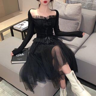Mesh Ruffle Lace-up Blouse / Midi A-line Mesh Skirt