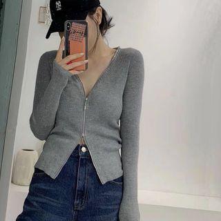 V-neck Zip-up Knit Cardigan