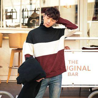 Mock-neck Color-block Ribbed Top