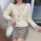 Long-sleeve Mesh Top/ Cable-knit Buttoned Cardigan/ Leopard Patterned Mini Pencil Skirt