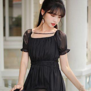 Short-sleeve Beaded Midi A-line Dress