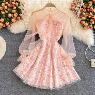 Lantern-sleeve Mesh Panel Floral Mini A-line Dress