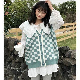 Frill-trim Shirt / Checkerboard Buttoned Knit Vest