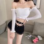 Long-sleeve Off Shoulder Smocked T-shirt / Hot Pants