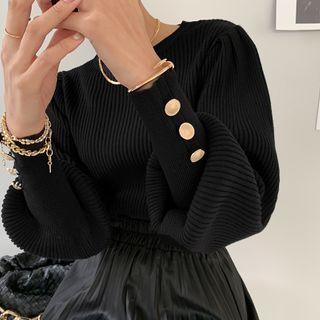 Mutton-sleeve Rib-knit Top