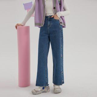 Flower Embroidered Slit Straight Leg Jeans