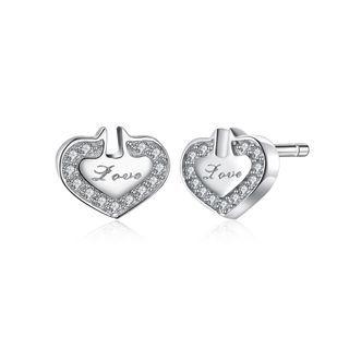 925 Sterling Silver Simple Romantic Heart Shaped Zircon Stud Earrings Silver - One Size