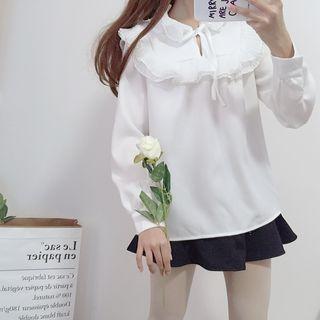 Ruffle Trim Blouse / High Waist A-line Skirt