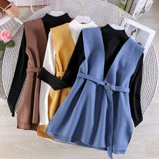 Set: Mock-neck Knit Top + Vest